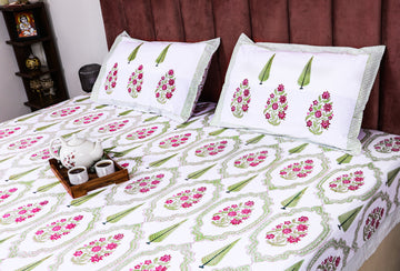 Green Web Hand Block Print King Size Premium Cotton Bedsheet