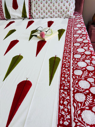 Ruby Leaf Hand Block Print King Size Premium Cotton Bedsheet