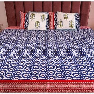 Iktara Print Premium Cotton King Size Bedsheet - Blue