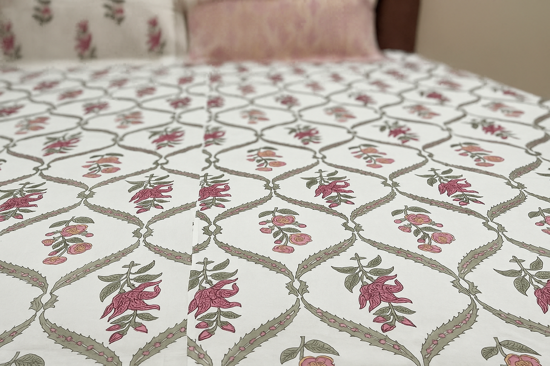 Chitragandha Hand Block Printed Percale Cotton King Size Bedsheet