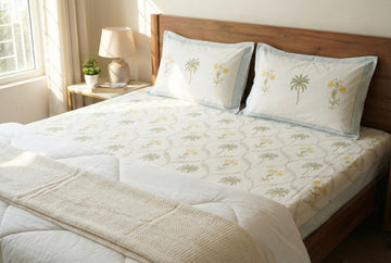Gulmahal Hand Block King Size Premium Cotton Bedsheet - Yellow