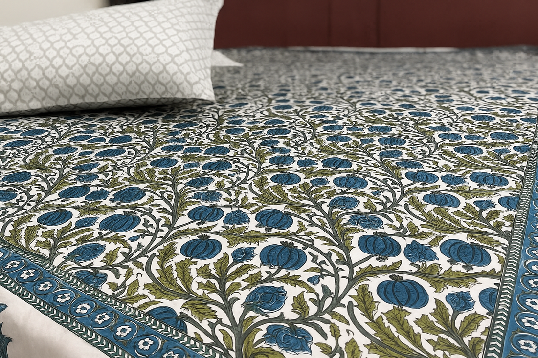 Serene Bloom Hand Block Printed Percale Cotton King Size Bedsheet
