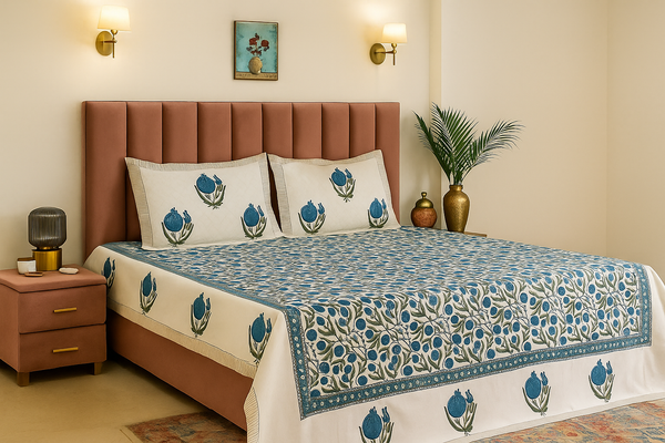 Serene Bloom Hand Block Printed Percale Cotton King Size Bedsheet