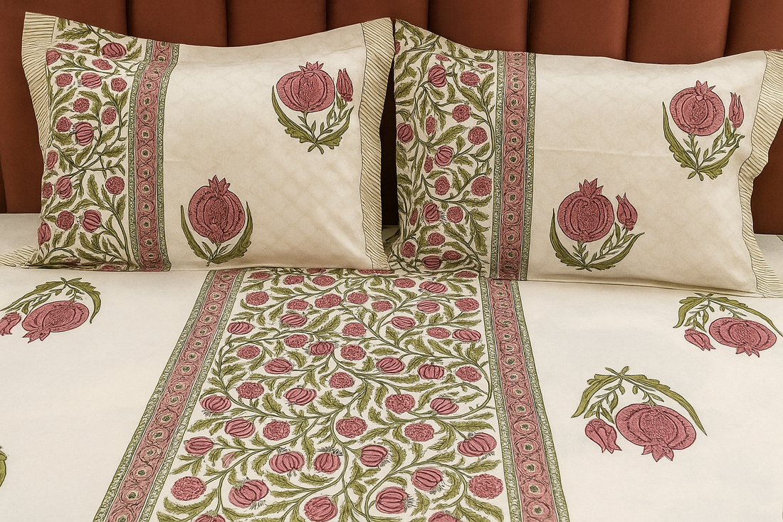 Rose Garden Elegance Hand Block Printed Percale Cotton King Size Bedsheet