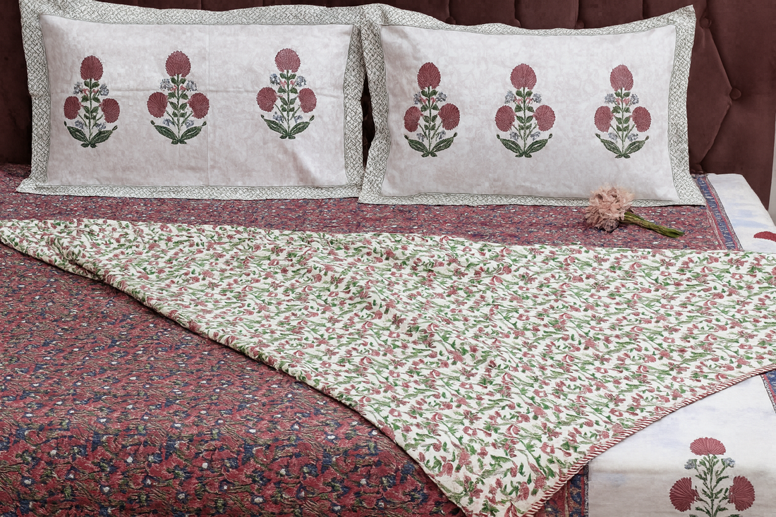 Crimson Flora Hand Block Printed Premium Reversible Quilt