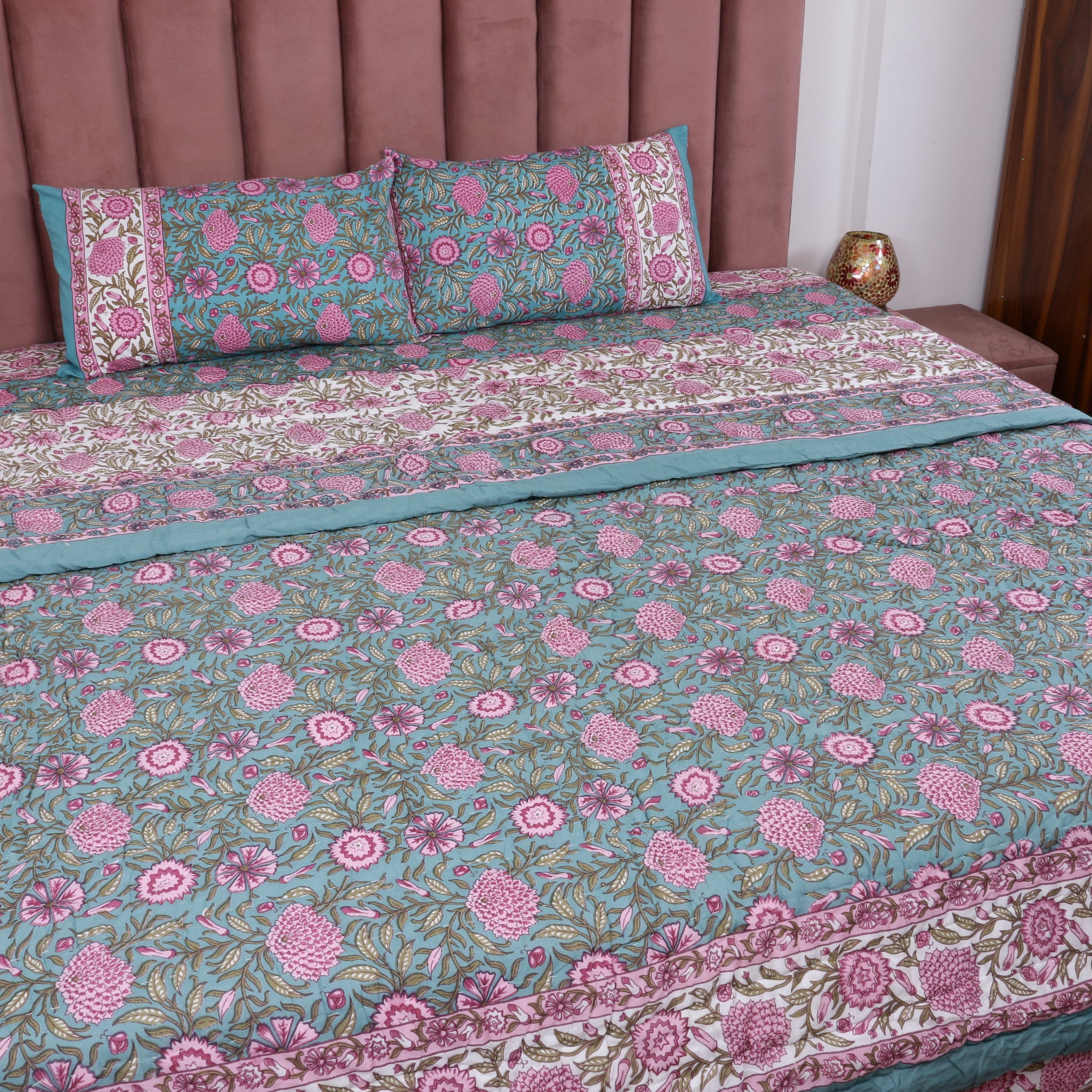 Turquoise Bloom Premium Bedsheet with Matching Quilt Set