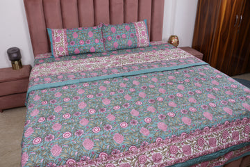 Turquoise Bloom Premium Bedsheet with Matching Quilt Set