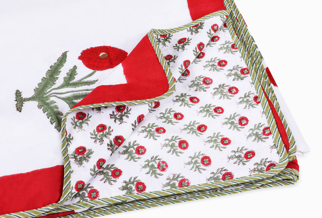 Kashmir Poppy Hand Block Printed Mulmul Cotton Reversible Double Dohar