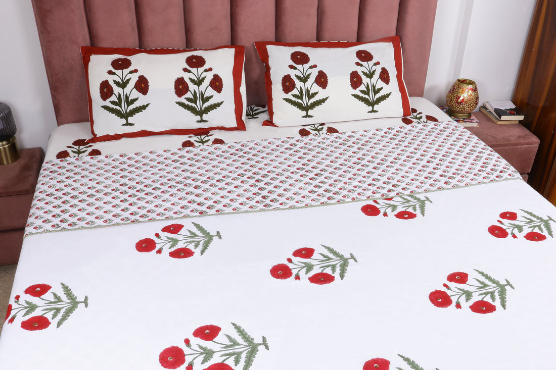 Kashmir Poppy Hand Block Printed Mulmul Cotton Reversible Double Dohar