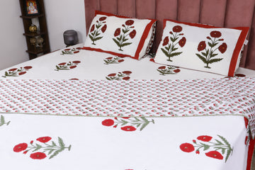 Kashmir Poppy Hand Block Printed Mulmul Cotton Reversible Double Dohar
