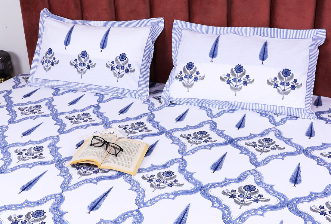 Sanganeri Hand Block Printed Premium Bedsheet with Matching Quilt Set - Blue