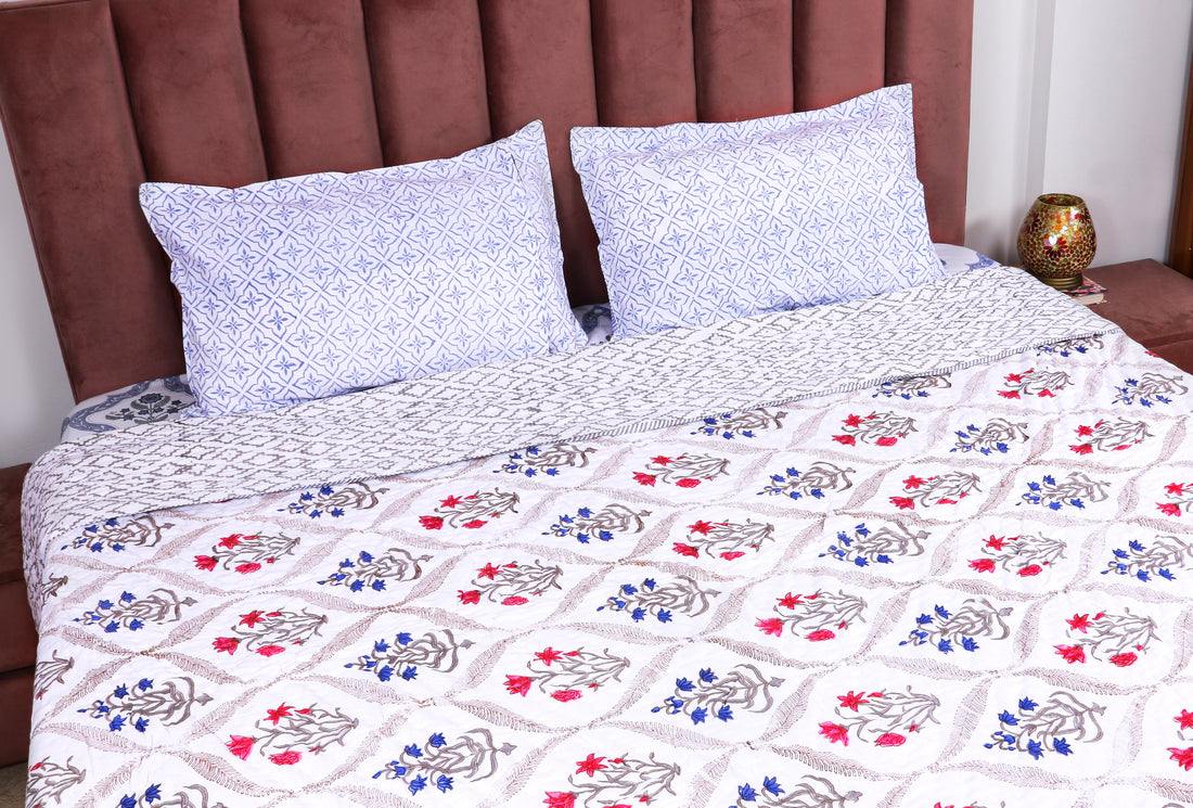 Sanganeri Hand Block Printed Premium Reversible Quilt - Blue