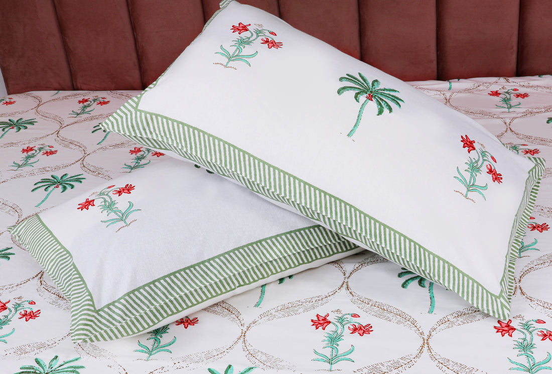 Sanganeri Hand Block Printed Premium Bedsheet with Matching Quilt Set - Green