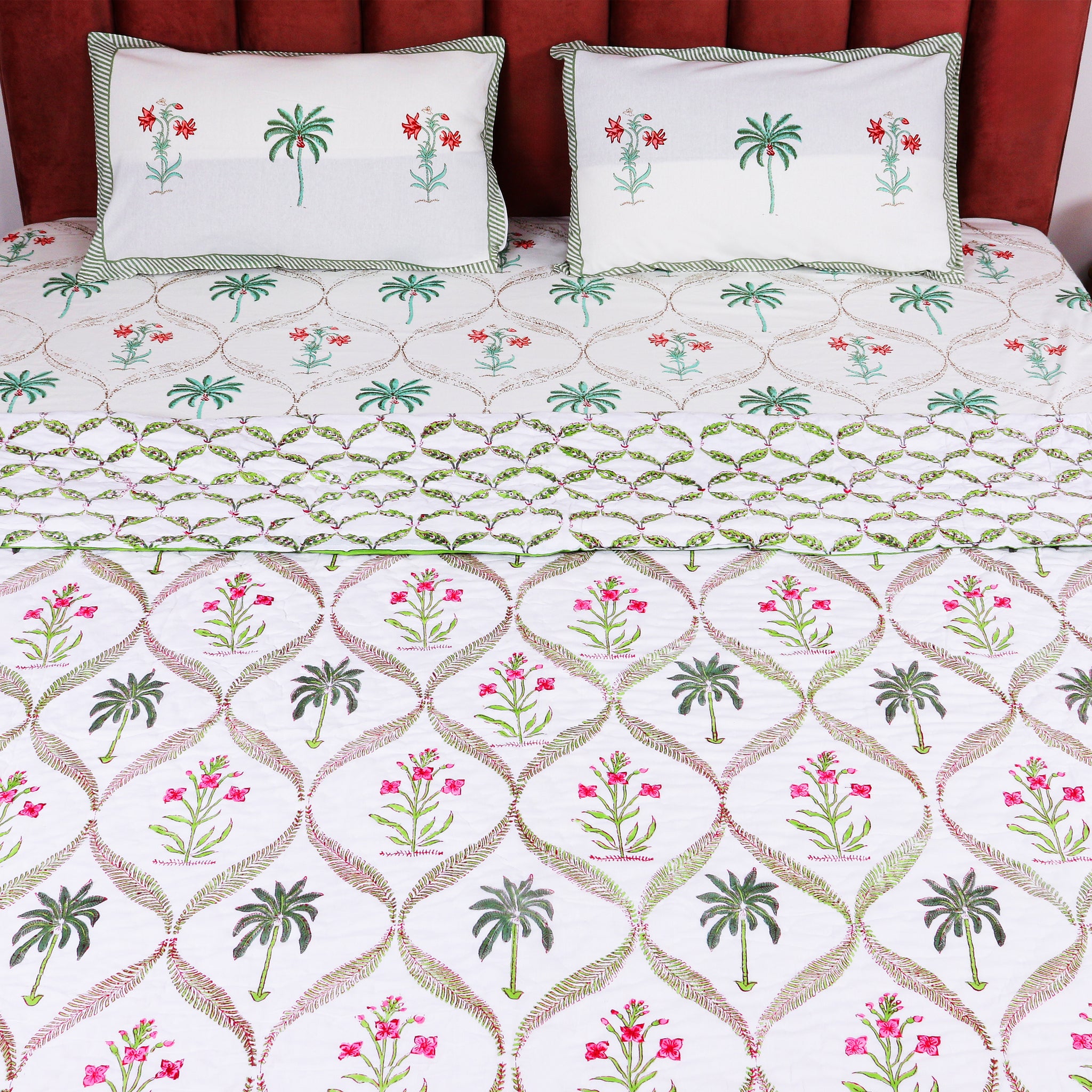 Sanganeri Hand Block Printed Premium Bedsheet with Matching Quilt Set - Green