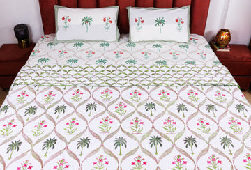 Sanganeri Hand Block Printed Premium Bedsheet with Matching Quilt Set - Green