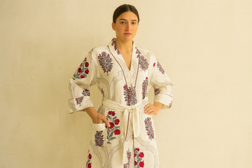 Leafy Serenity Hand Block Printed Unisex Bathrobe - Free Size