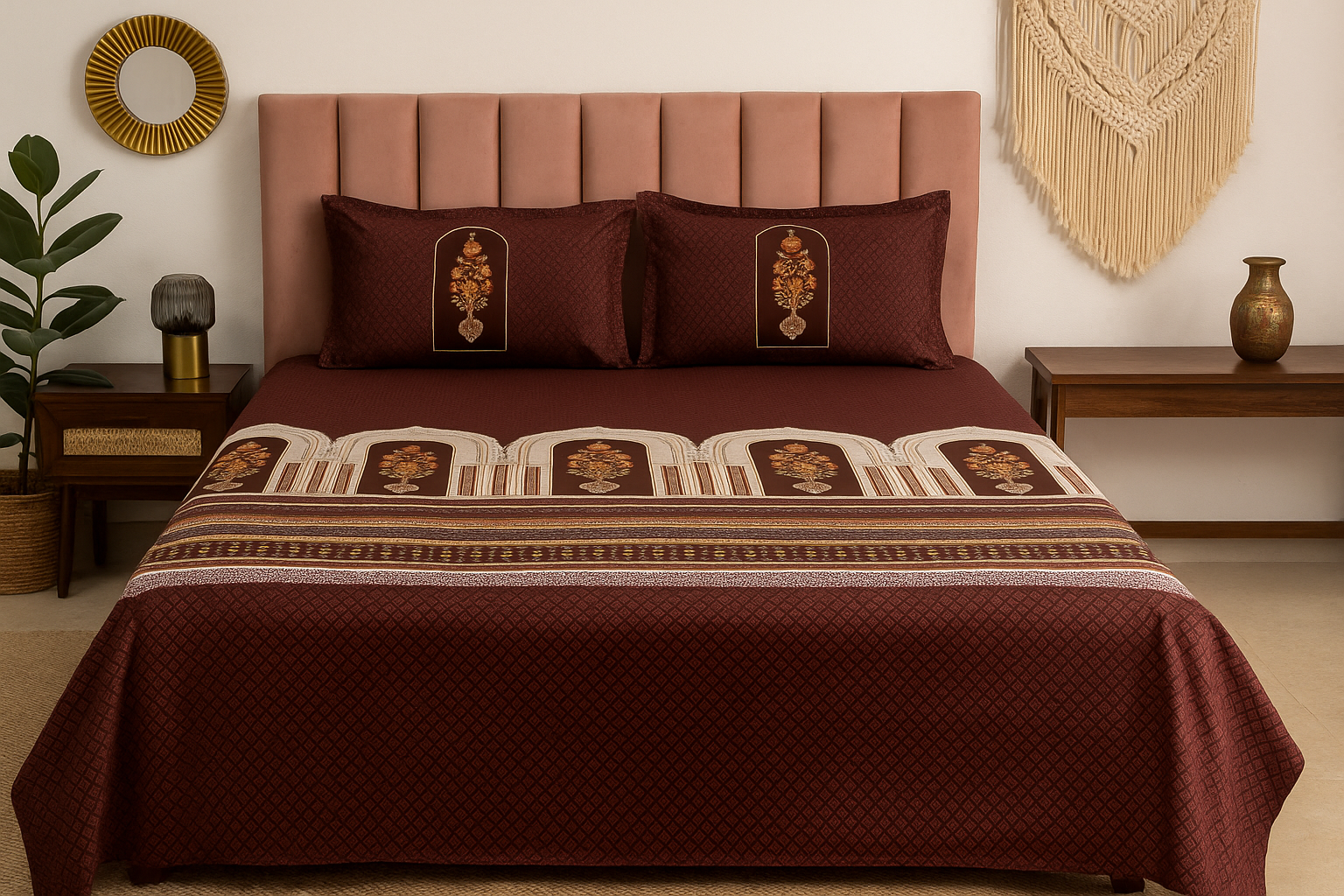 Regal Maroon Elegance Printed King Size Premium Cotton Bedsheet