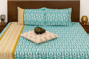 Iktara Print Premium Cotton King Size Bedsheet - Turquoise Blue