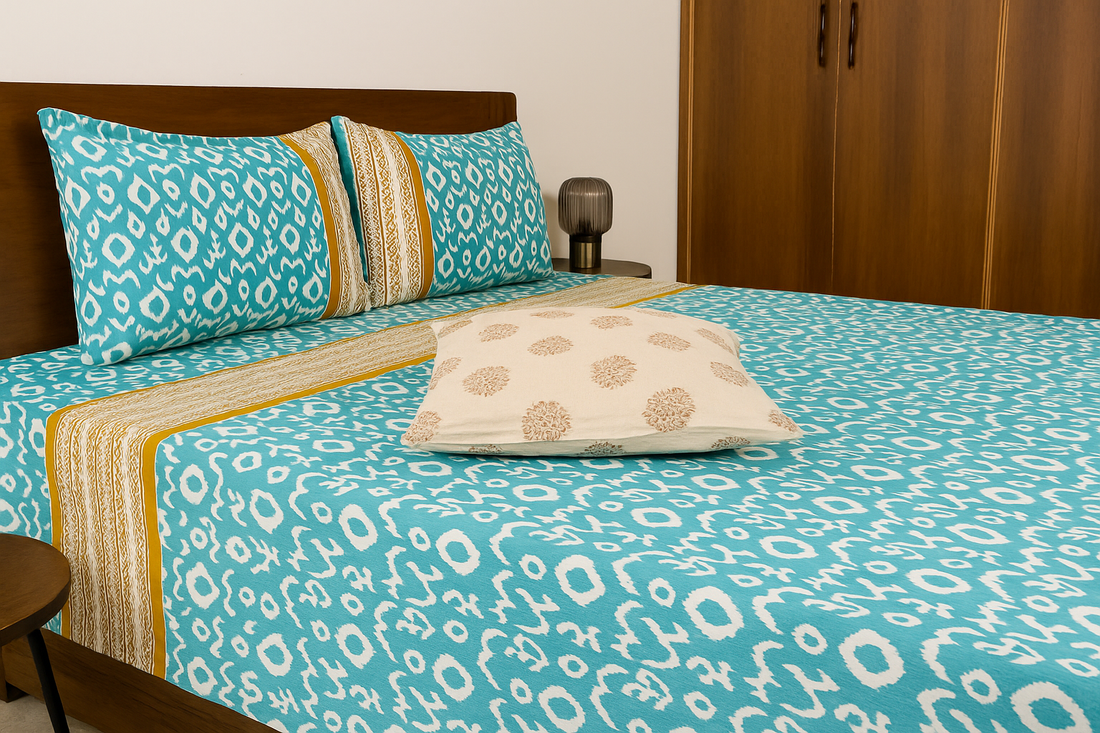 Iktara Print Premium Cotton King Size Bedsheet - Turquoise Blue
