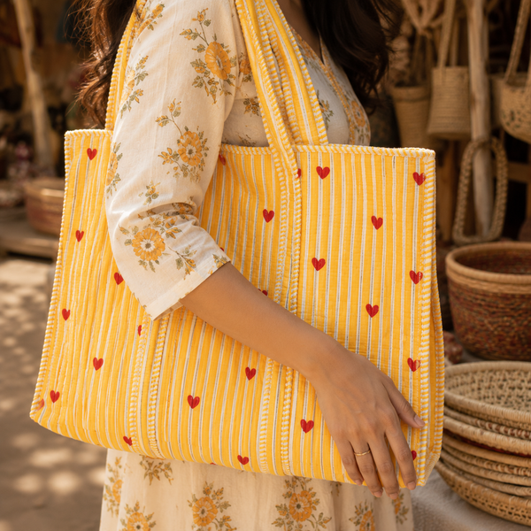 Sunny Stripes Heart Printed Large Tote Bag