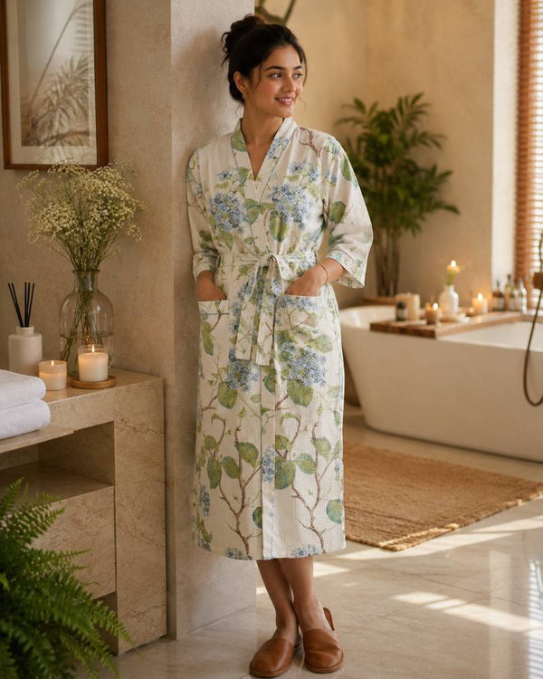 Buta Garden Hand Block Printed Unisex Bathrobe - Free Size
