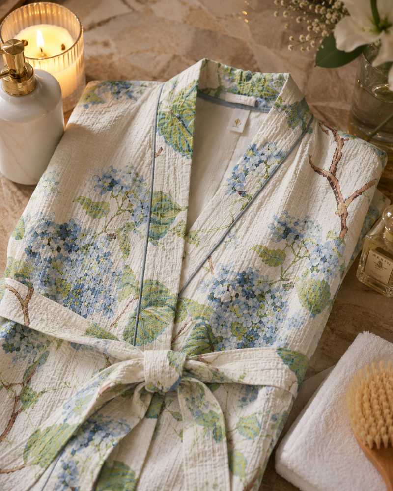 Buta Garden Hand Block Printed Unisex Bathrobe - Free Size
