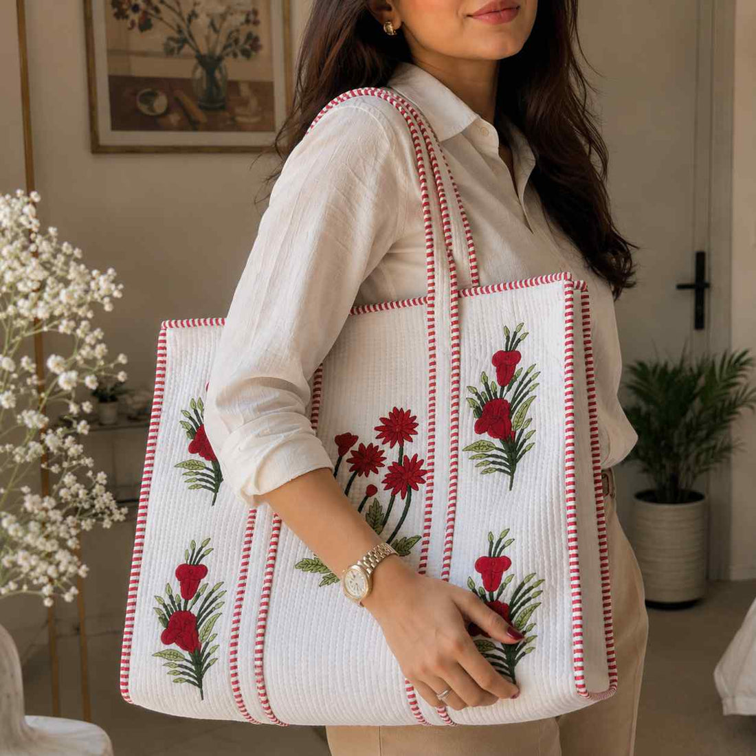 Gulmohar Block Printed Large Tote Bag