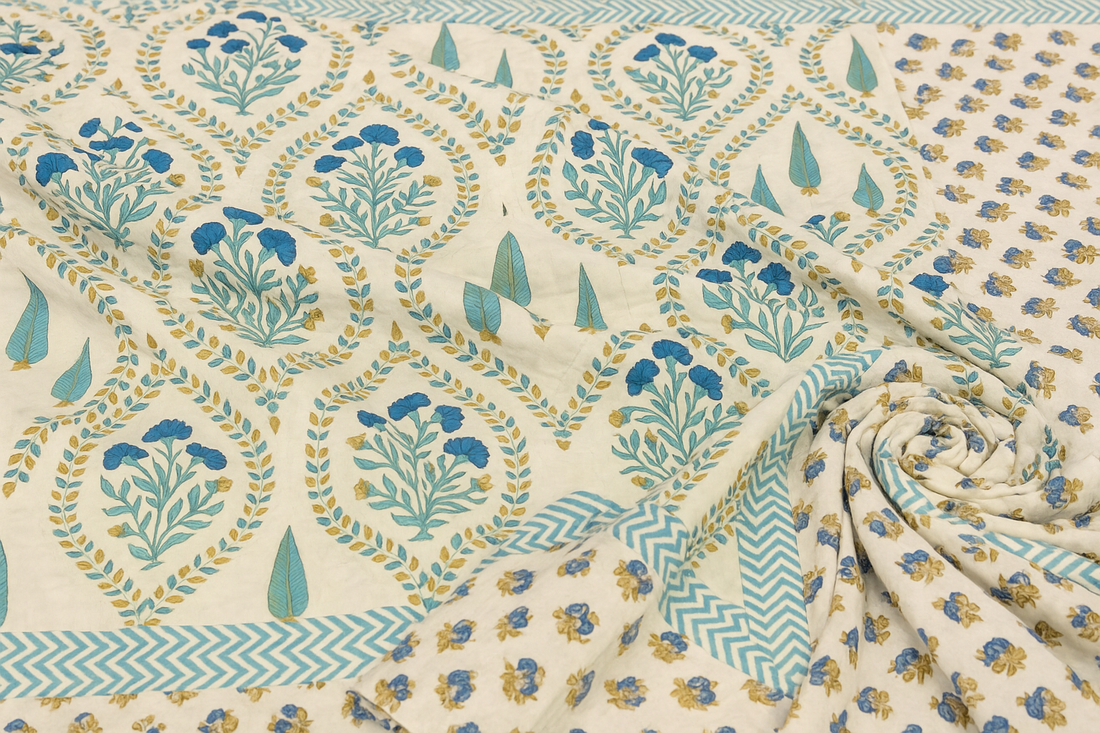 Jaipuri Meadow Hand Block Printed Premium Reversible Quilt
