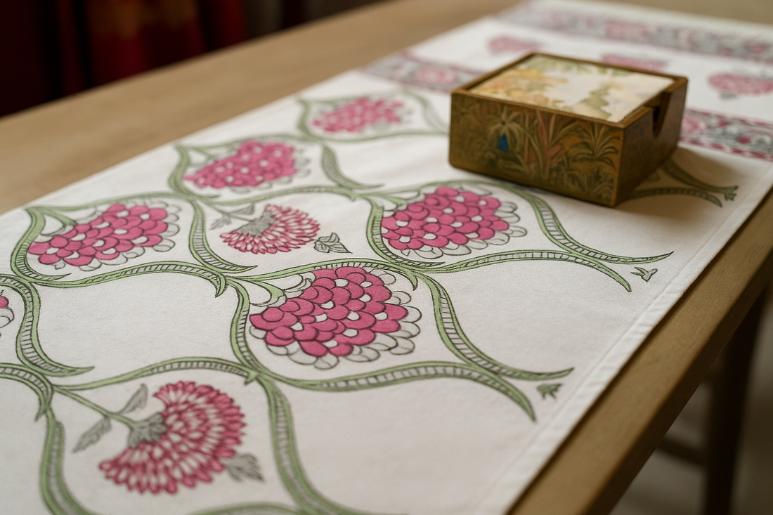 The Table Edit Hand Block  Cotton Table Runner