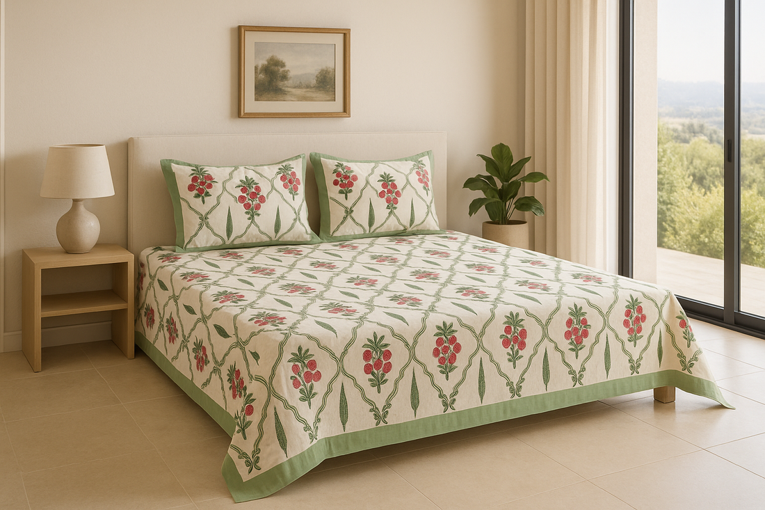 Mint Bloom King Size Premium Cotton Bedsheet