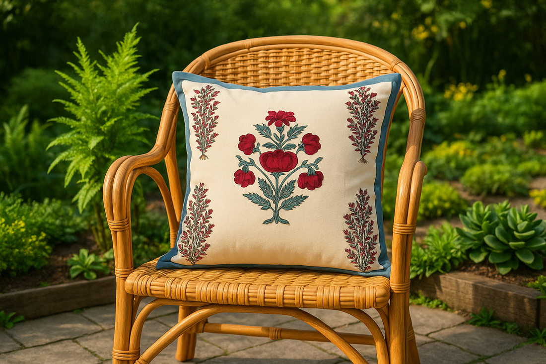 Rosewood Bloom Hand Block Printed Jute Cushion Cover