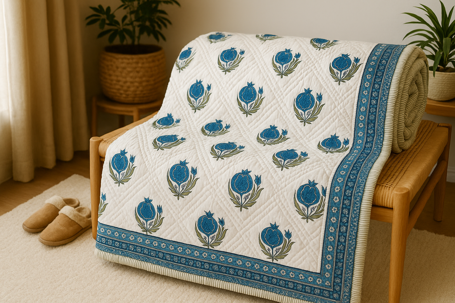 Serene Bloom Hand Block Printed Premium Reversible Quilt