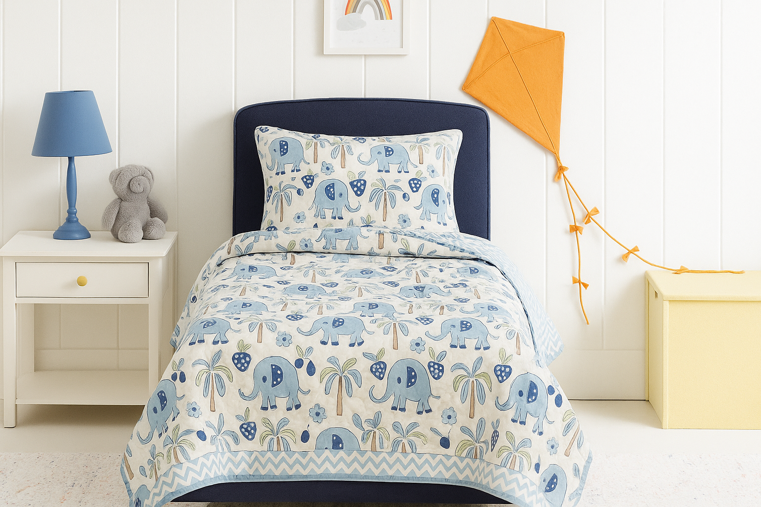 Blue Safari Block Printed Premium Reversible Kids Quilt