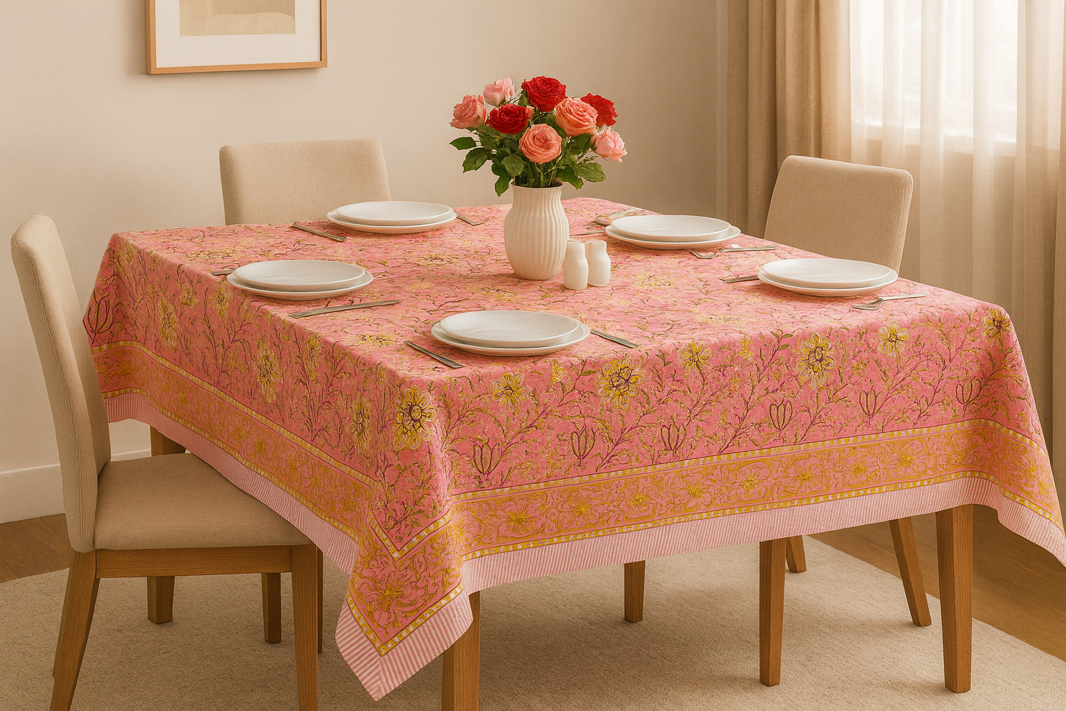 Vintage Bloom Cotton Hand Block Table Cover