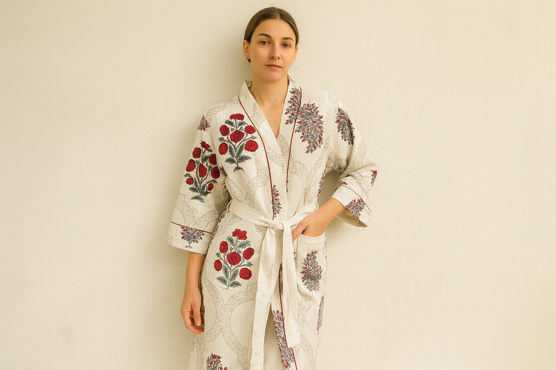 Leafy Serenity Hand Block Printed Unisex Bathrobe - Free Size