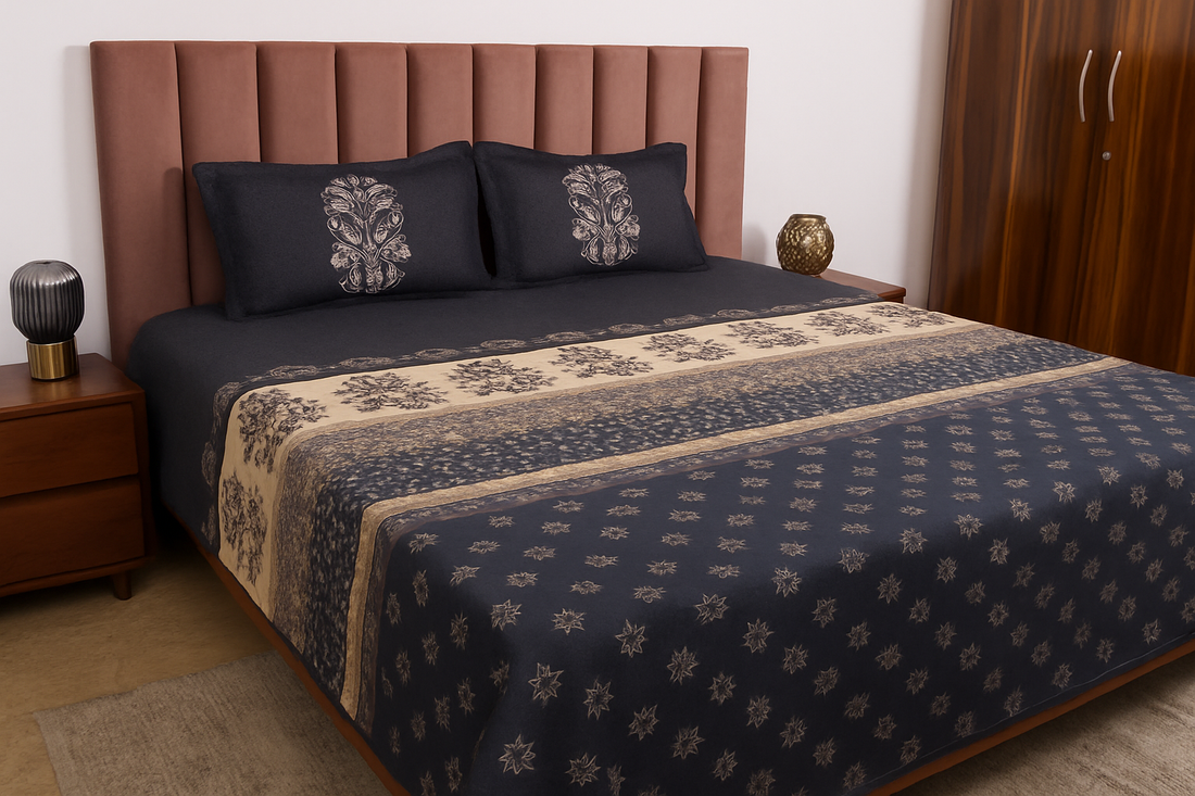 Midnight Blue Printed King Size Premium Cotton Bedsheet
