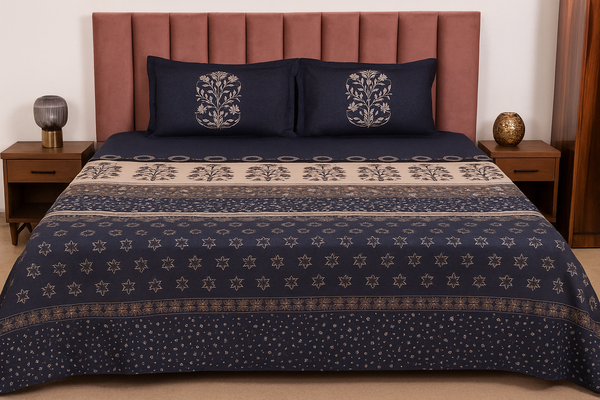 Midnight Blue Printed King Size Premium Cotton Bedsheet