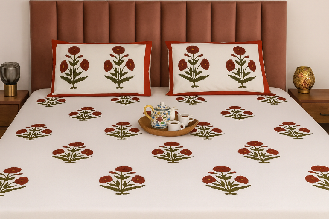 Kashmir Poppy Hand Block Printed King Size Premium Cotton Bedsheet