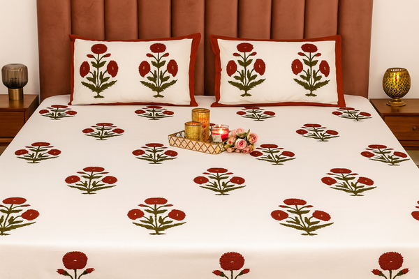 Kashmir Poppy Hand Block Printed King Size Premium Cotton Bedsheet | 300 TC