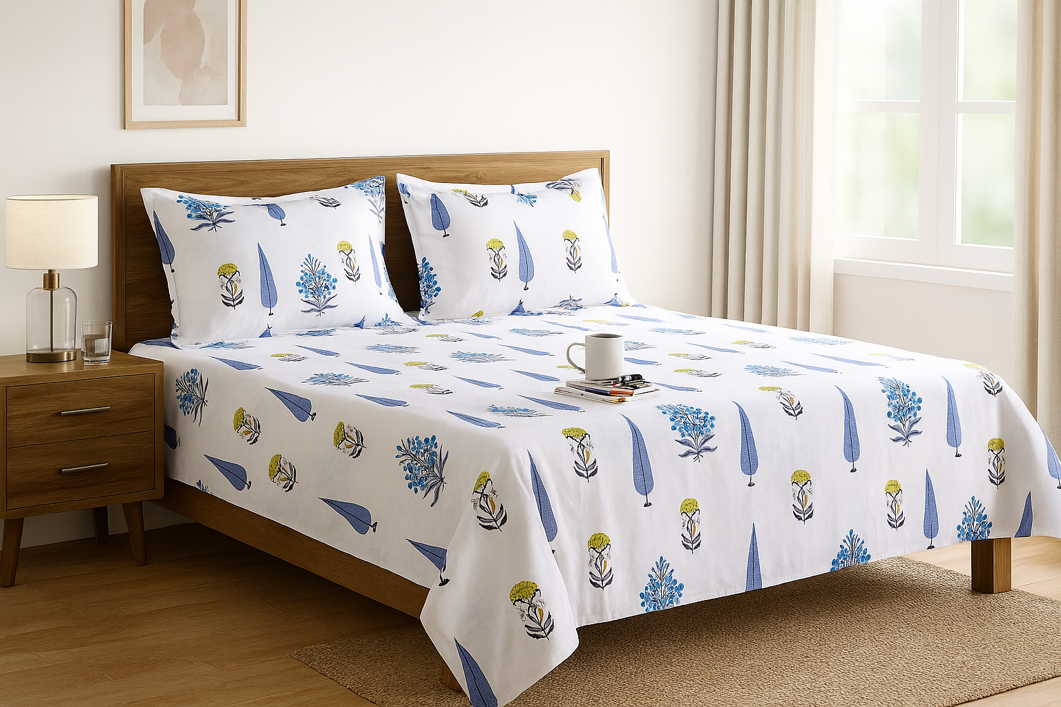 Mughal Bagh King Size Premium Cotton Bedsheet - Blue