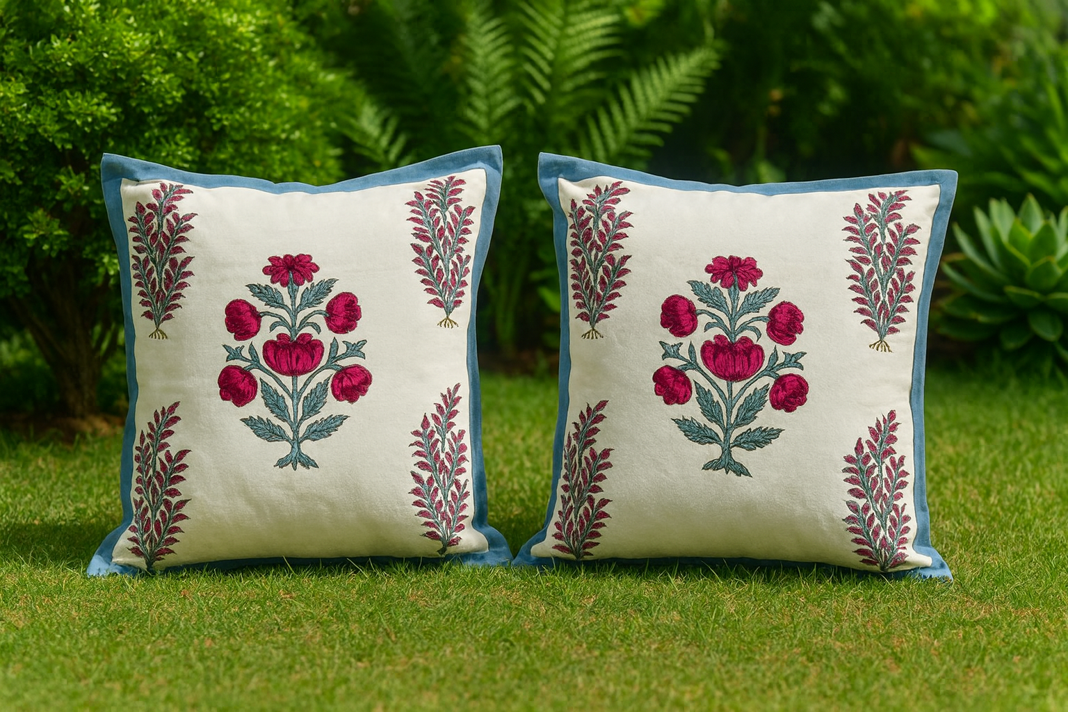 Rosewood Bloom Hand Block Printed Jute Cushion Cover