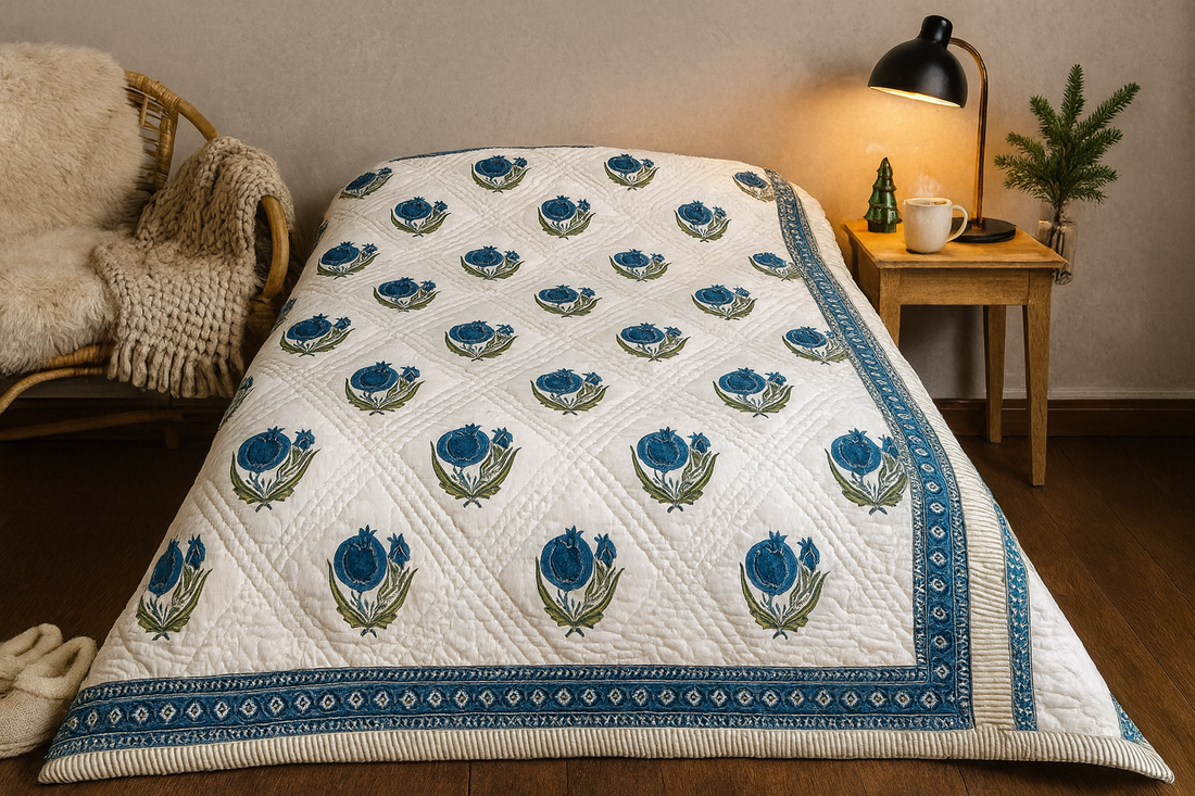 Serene Bloom Hand Block Printed Premium Reversible Quilt