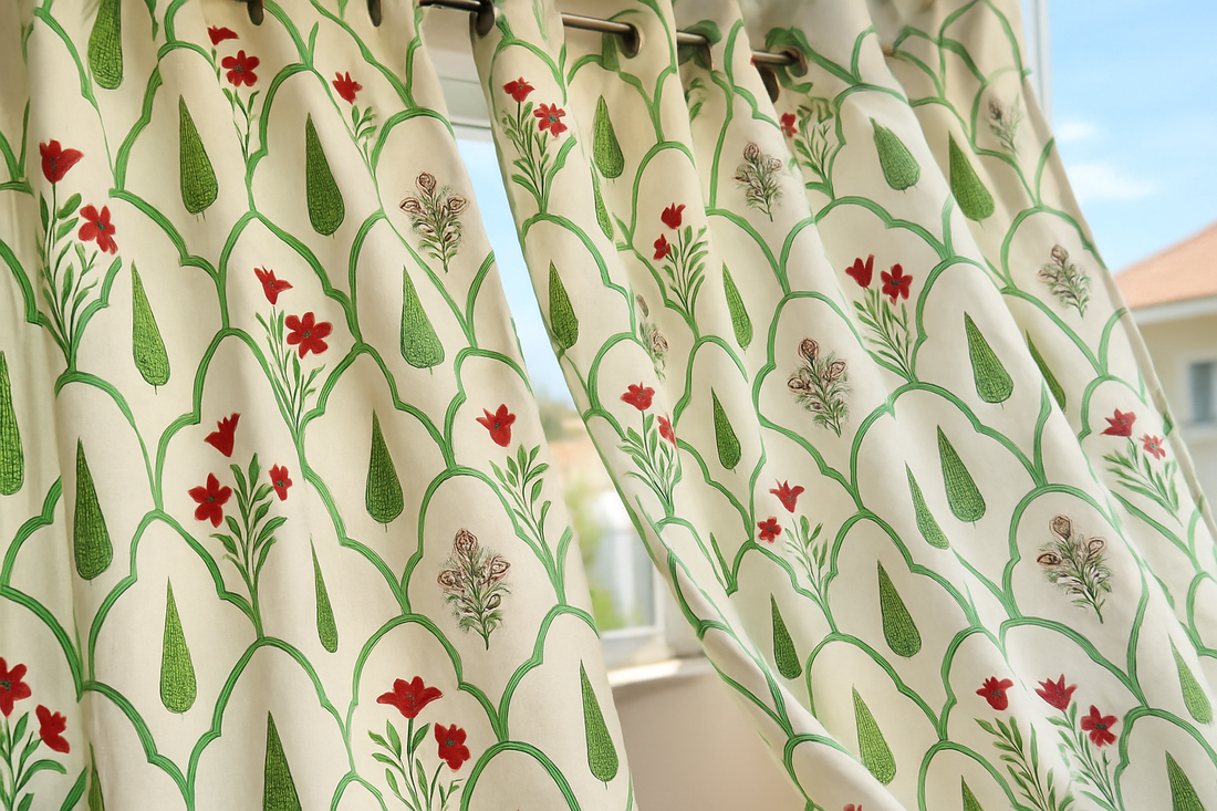 Vintage Vine Cotton Hand Block Curtains | 1 Pc