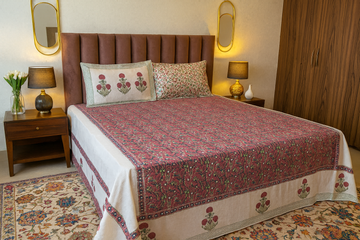 Crimson Flora Hand Block Printed Percale Cotton King Size Bedsheet