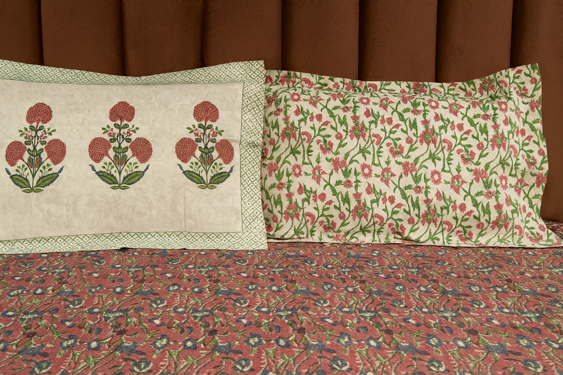 Crimson Flora Hand Block Printed Percale Cotton King Size Bedsheet