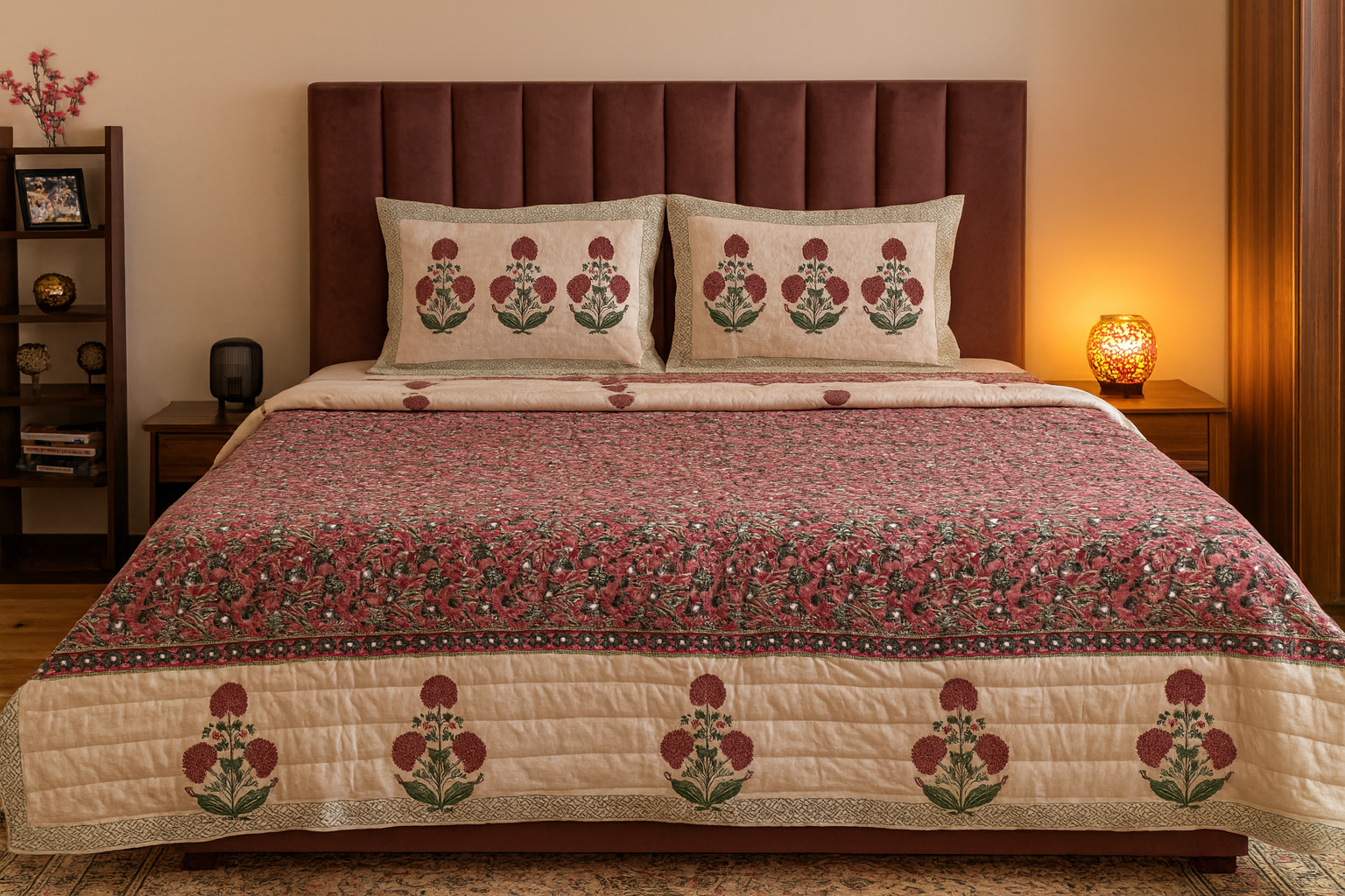 Crimson Flora Hand Block Printed Premium Reversible Quilt