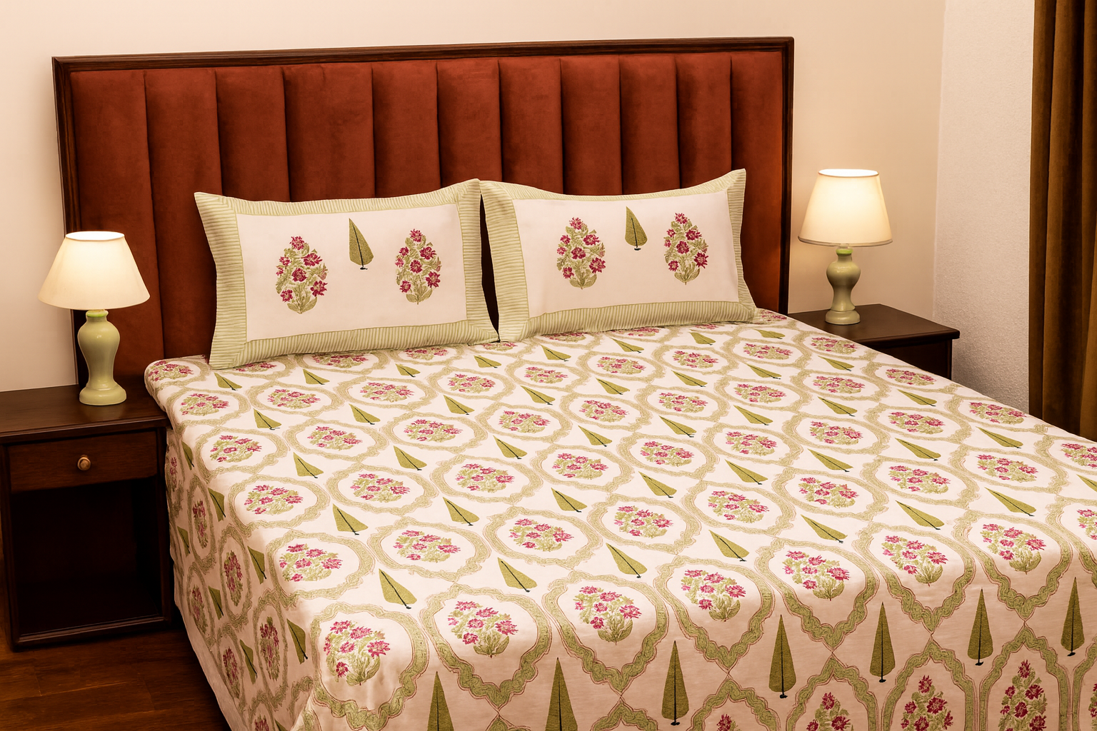 Leaf Aura Hand Block King Size Premium Cotton Bedsheet