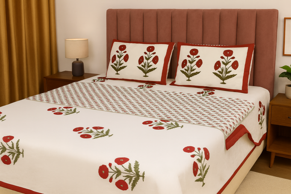 Kashmir Poppy Hand Block Printed Mulmul Cotton Reversible Double Dohar