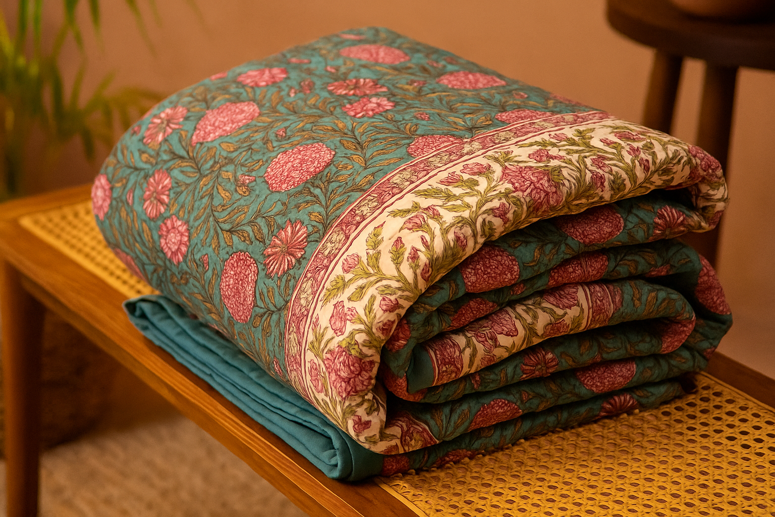 Turquoise Bloom Jaipuri Quilt
