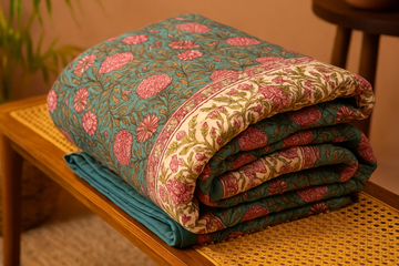 Turquoise Bloom Jaipuri Quilt